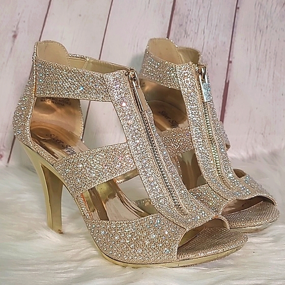 Rhinestone Bling Metallic Gold Heel Vegas Sparkly Stiletto Open Toe Heels Sz 7 - Picture 1 of 17